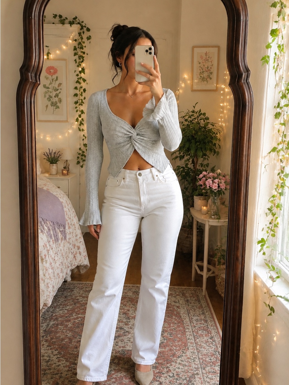 Gray Ribbed Twist Front Top